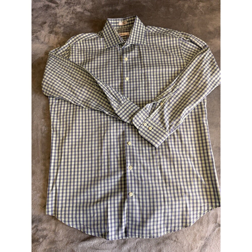Peter Millar Mens Shirt Men L Green/Blue Check Gingham Long Sleeve Button-Up
